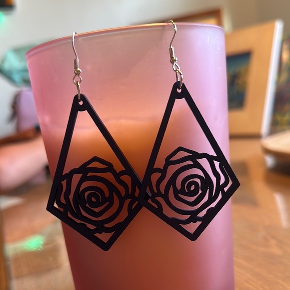 Navy Blue Rose Wooden Earrings - Picture 2 of 2